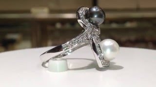 Black and White Pearl and Diamond Ring in 14K White Gold