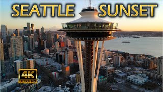 Flying Over Sunset Seattle [4K] Space Needle, Downtown, Waterfront - Drone Video