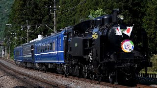 【東武博物館開館35周年記念HM＆日章旗掲出】東武鉄道 C11-123+12・14系3両(青編成) SL大樹5・6号 新高徳～小佐越・東武ワールドスクウェア～鬼怒川温泉通過【4K】