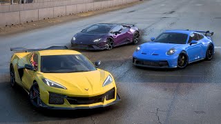 Corvette C8 Z06 vs Porsche 911 GT3 vs Huracán Technica! DRAG RACE, ROLL RACE, LAP TIMES!