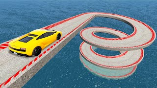 Impossible Spiral Bridge Crossing Stunt Cars Vs Cliff and Deep Water - BeamNG.Drive