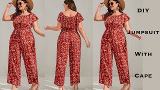 HOW TO MAKE AN ELASTIC WAIST JUMPSUIT WITH CAPE & SIDE POCKETS [Cutting & Stitching]  #jumpsuit #diy