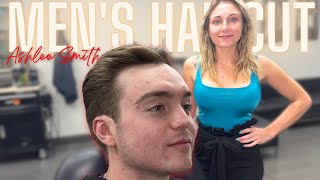 How to Cut Men’s Hair | Long Top & Faded Sides | Lady Barber Haircut Tutorial