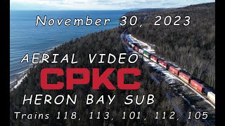 Train meets and fast freights on CPKC's Heron Bay Sub ~ AERIAL VIEWS ~ November 30, 2023