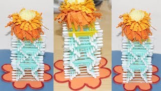 How to Make Flower Vase at Home - Making Flower Vase Using Cotton Buds - Best Out OF Waste Ideas