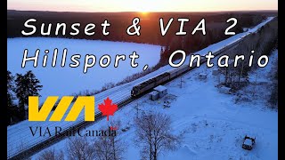 Sunset & VIA Rail Canada eastbound "Canadian" at Hillsport, Ontario, Canada on February 19, 2024