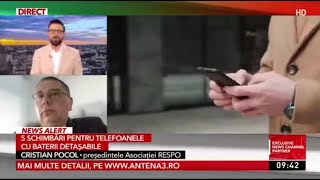 Telefoanele mobile vor avea baterii detașabile din anul 2027 (Cristian Pocol LIVE la Antena 3 CNN)