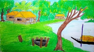 How to draw  village scenery Riverside Landscape Very nice drawing