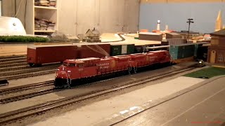 HO-Scale Canadian Pacific container train with smoke