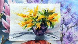 Мимоза акварелью - рисуем просто и легко. Окрытка к 8 марта акварелью. Watercolor painting tutorial