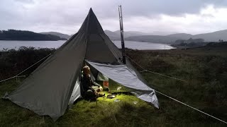 Pomoly hex plus hot tent camping and cooking wild camping in the rain and wind loch Doon