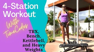 Workout with TRX, Weight Bench, Kettlebell, and Free Weights