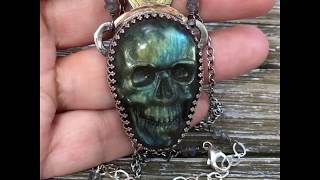 Carved Labradorite Scull 925 silver Necklace