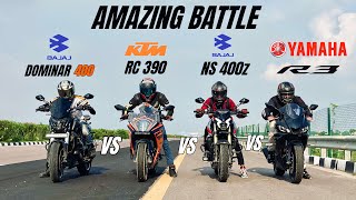 bajaj pulsar ns 400z vs bajaj dominar 400 vs ktm rc 390 vs Yamaha R3 | amazing Quad battle 😱