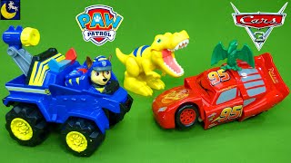 Paw Patrol DINOSAUR Toys! Dino Rescue Lightning McQueen Cars Marshall Chase T-Rex Vehicles Unboxing