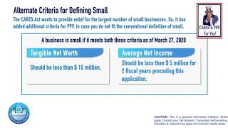 Alternate Size Criteria. Qualify for PPP even if not 'small' by  traditional SBA criteria.