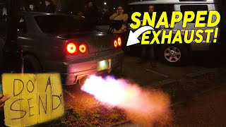 R34 Skyline Exhaust SNAPS OFF! - Tuners Leaving Busy Car Meet! (City Smokers!)