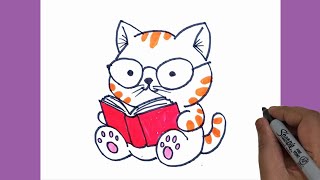 How draw a Cat Reading Book. Funny Cat Drawing.