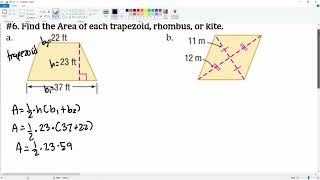 Finding the Area of each trapezoid, rhombus, or kite. Question 6