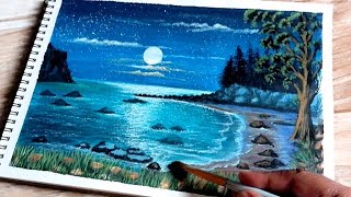 Easy Moonlight Seascape Painting Tutorial / Ultimate Guide to Acrylic Landscape Mastery