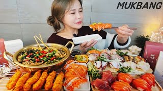 Субтитры) Giant Sushi. Octopus. Sea bream. Eel. Fish cake Udon. Fried Shrimp REAL SOUND ASMR MUKBANG