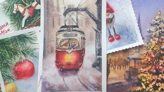 Рисуем трамвай зимним днём - мастер-класс по акварели. Watercolor painting tutorial