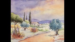 tutoriel d 'aquarelle ; un coucher de soleil en Provence