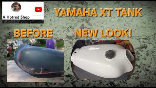 SMOOTHING OUT & PAINTING A YAMAHA XT 250 GAS TANK. BODYWORK AND RUSTOLEUM PAINT.