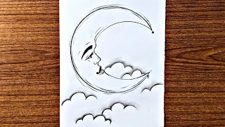 Beautiful moon drawing step by step || Easy Sketch drawing  || Easy drawing ideas for beginners