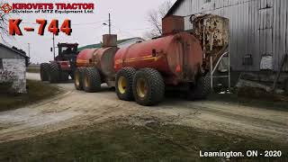 Kirovets K744 Tractor hauling 2 NUHN manure tanks in Leamington, Canada.