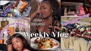 VLOG |GRWM date night + new products,perfect blowout attempt,organized girlie vibes,errands,cooking+