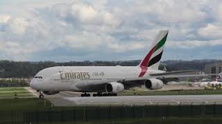 Emirates Airbus A380 landing at Zurich Airport