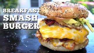 Breakfast smash burger with cheese on a bagel Cuisinart 360 griddle