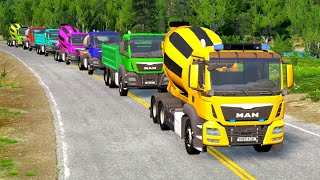 Double Flatbed Trailer Truck vs speed bumps|Busses vs speed bumps|Beamng Drive|BEAMNG4K #001