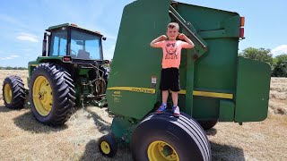 Using tractors to bale hay | Playing on the farm with tractors for kids