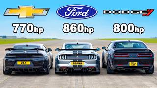 Ford Mustang v Chevy Camaro v Dodge Hellcat Redeye: DRAG RACE