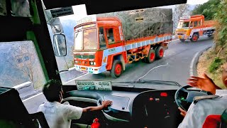 Volvo Bus Driver Cleverly going Wrong Side to Help Hill Climbing Heavy Load Trucks.