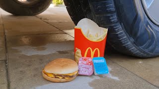 McDonald's Burgers and Fries smashed by car wheel | Running over stuff with a car | ASMR