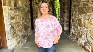 Pink and White Printed Short Sleeve Top with Round Neckline