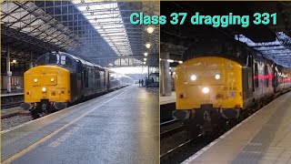 Two views of 37800 towing unit 331101 from Leeds to Liverpool