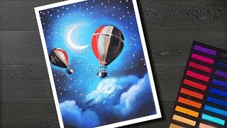 How to draw parachute moonlight scenery with soft pastel