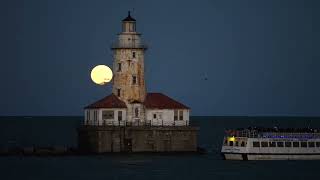 Blue Supermoon with Chicago Harbor Lighthouse [4k]