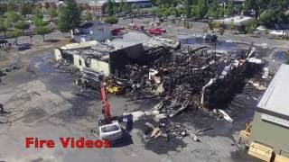 Hardware store in Tualatin destroyed by fire, aftermath viewed from a drone