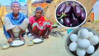 rural old poor grandma cooking EGG with BRINJAL curry and eating || typical life of poor family