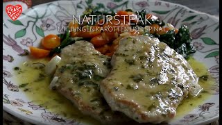 Natursteak mit jungen Karotten und Spinat