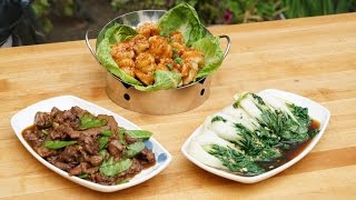 3 Recipes: beef w/ snow pea pod, General Greg's Shrimp, Saute' bok choy Vol 41