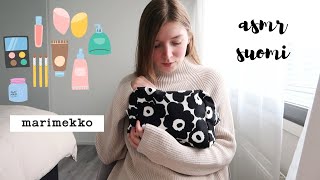 ASMR suomi 🇫🇮 Kauneustuotteet & Ihonhoitotuotteet - Mitä otan mukaan matkalle? - esittely Marimekko