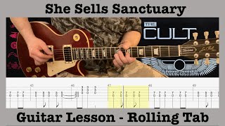 She Sells Sanctuary - The Cult - Guitar Lesson - Rolling Tab - Backing Track - No Chat