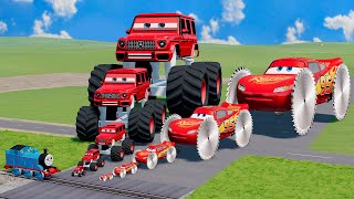 Big & Small Red Vizor Monster Truck vs Mcqueen with Saw wheels VS Thomas The Tank Engine | BeamNG