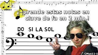 Memoriza las notas do, si, la, sol en clave de fa con un ejercicio interactivo. Lección musical 11-1